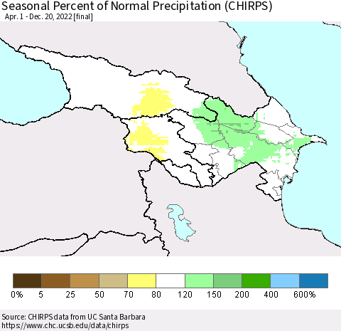 Azerbaijan, Armenia and Georgia Seasonal Percent of Normal Precipitation (CHIRPS) Thematic Map For 4/1/2022 - 12/20/2022