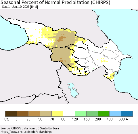 Azerbaijan, Armenia and Georgia Seasonal Percent of Normal Precipitation (CHIRPS) Thematic Map For 9/1/2022 - 1/10/2023