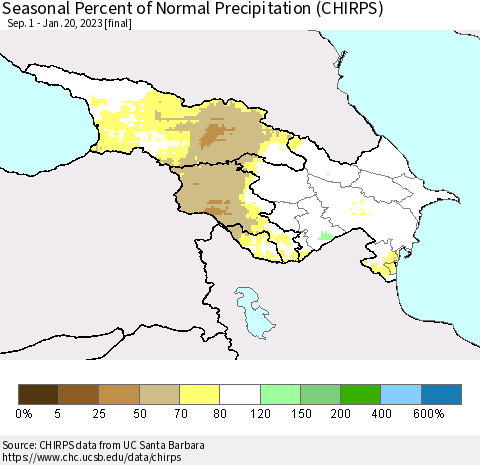 Azerbaijan, Armenia and Georgia Seasonal Percent of Normal Precipitation (CHIRPS) Thematic Map For 9/1/2022 - 1/20/2023