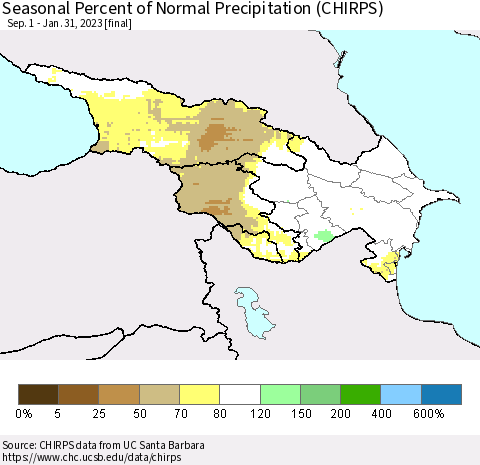Azerbaijan, Armenia and Georgia Seasonal Percent of Normal Precipitation (CHIRPS) Thematic Map For 9/1/2022 - 1/31/2023