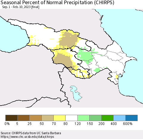 Azerbaijan, Armenia and Georgia Seasonal Percent of Normal Precipitation (CHIRPS) Thematic Map For 9/1/2022 - 2/10/2023