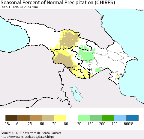 Azerbaijan, Armenia and Georgia Seasonal Percent of Normal Precipitation (CHIRPS) Thematic Map For 9/1/2022 - 2/20/2023