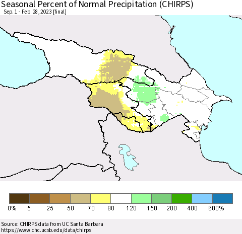 Azerbaijan, Armenia and Georgia Seasonal Percent of Normal Precipitation (CHIRPS) Thematic Map For 9/1/2022 - 2/28/2023