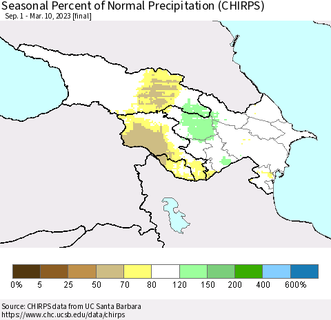 Azerbaijan, Armenia and Georgia Seasonal Percent of Normal Precipitation (CHIRPS) Thematic Map For 9/1/2022 - 3/10/2023