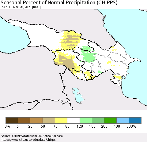 Azerbaijan, Armenia and Georgia Seasonal Percent of Normal Precipitation (CHIRPS) Thematic Map For 9/1/2022 - 3/20/2023