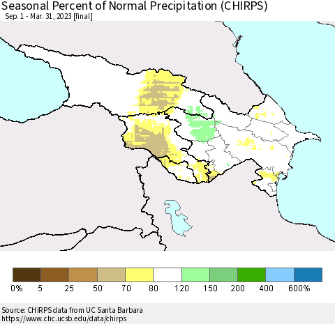 Azerbaijan, Armenia and Georgia Seasonal Percent of Normal Precipitation (CHIRPS) Thematic Map For 9/1/2022 - 3/31/2023