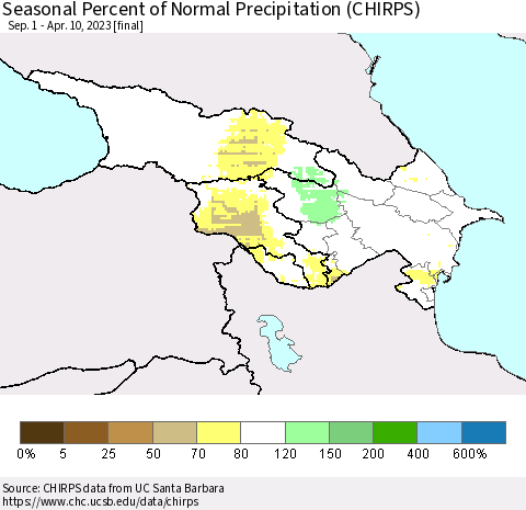 Azerbaijan, Armenia and Georgia Seasonal Percent of Normal Precipitation (CHIRPS) Thematic Map For 9/1/2022 - 4/10/2023