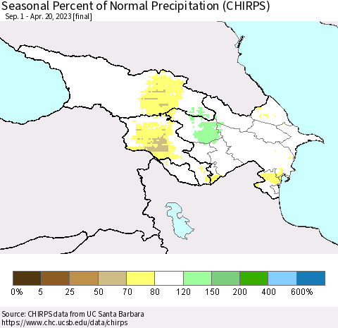 Azerbaijan, Armenia and Georgia Seasonal Percent of Normal Precipitation (CHIRPS) Thematic Map For 9/1/2022 - 4/20/2023