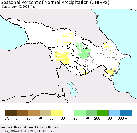 Azerbaijan, Armenia and Georgia Seasonal Percent of Normal Precipitation (CHIRPS) Thematic Map For 9/1/2022 - 4/30/2023