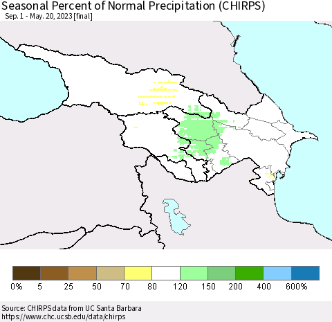 Azerbaijan, Armenia and Georgia Seasonal Percent of Normal Precipitation (CHIRPS) Thematic Map For 9/1/2022 - 5/20/2023