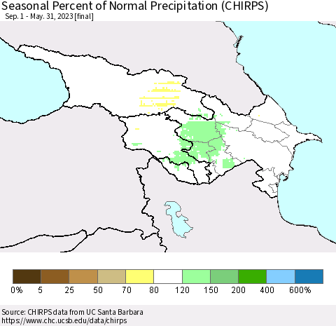 Azerbaijan, Armenia and Georgia Seasonal Percent of Normal Precipitation (CHIRPS) Thematic Map For 9/1/2022 - 5/31/2023