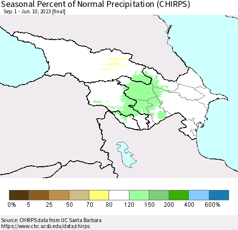 Azerbaijan, Armenia and Georgia Seasonal Percent of Normal Precipitation (CHIRPS) Thematic Map For 9/1/2022 - 6/10/2023