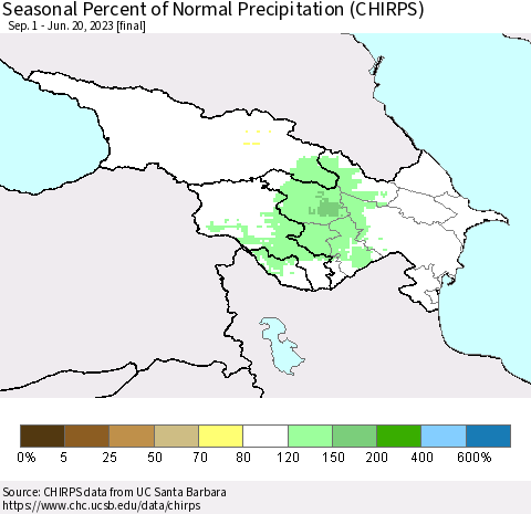 Azerbaijan, Armenia and Georgia Seasonal Percent of Normal Precipitation (CHIRPS) Thematic Map For 9/1/2022 - 6/20/2023