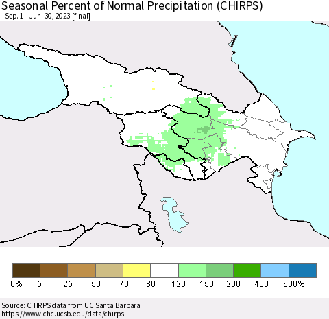 Azerbaijan, Armenia and Georgia Seasonal Percent of Normal Precipitation (CHIRPS) Thematic Map For 9/1/2022 - 6/30/2023