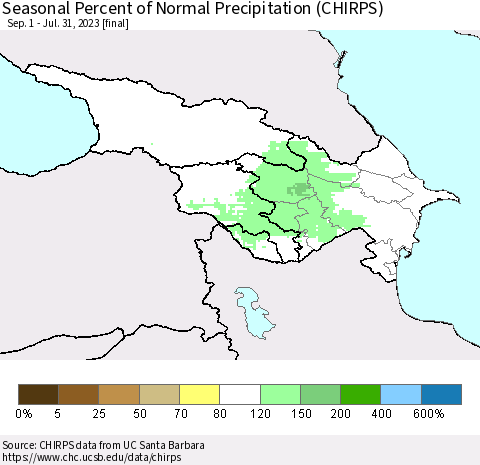 Azerbaijan, Armenia and Georgia Seasonal Percent of Normal Precipitation (CHIRPS) Thematic Map For 9/1/2022 - 7/31/2023