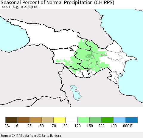 Azerbaijan, Armenia and Georgia Seasonal Percent of Normal Precipitation (CHIRPS) Thematic Map For 9/1/2022 - 8/10/2023