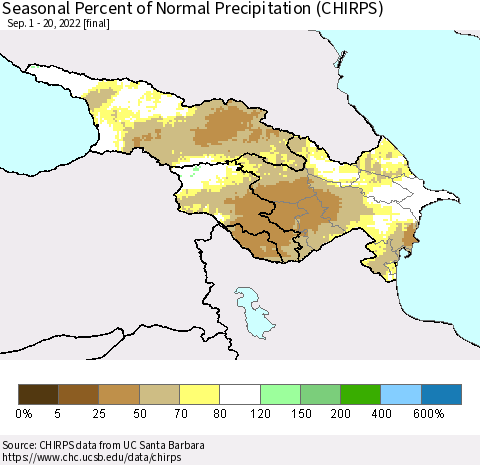 Azerbaijan, Armenia and Georgia Seasonal Percent of Normal Precipitation (CHIRPS) Thematic Map For 9/1/2022 - 9/20/2022