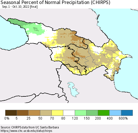 Azerbaijan, Armenia and Georgia Seasonal Percent of Normal Precipitation (CHIRPS) Thematic Map For 9/1/2022 - 10/10/2022