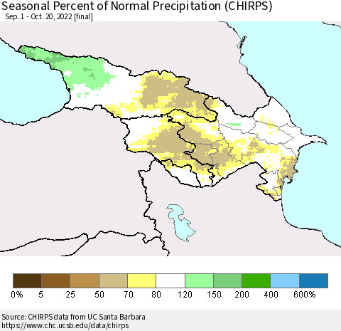 Azerbaijan, Armenia and Georgia Seasonal Percent of Normal Precipitation (CHIRPS) Thematic Map For 9/1/2022 - 10/20/2022