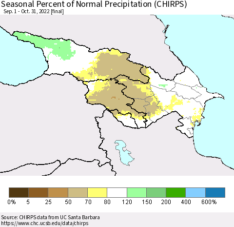 Azerbaijan, Armenia and Georgia Seasonal Percent of Normal Precipitation (CHIRPS) Thematic Map For 9/1/2022 - 10/31/2022