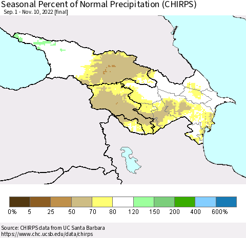 Azerbaijan, Armenia and Georgia Seasonal Percent of Normal Precipitation (CHIRPS) Thematic Map For 9/1/2022 - 11/10/2022