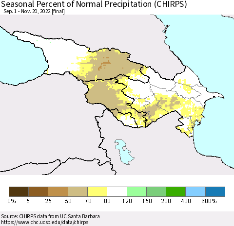 Azerbaijan, Armenia and Georgia Seasonal Percent of Normal Precipitation (CHIRPS) Thematic Map For 9/1/2022 - 11/20/2022