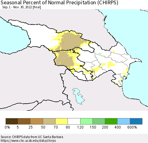 Azerbaijan, Armenia and Georgia Seasonal Percent of Normal Precipitation (CHIRPS) Thematic Map For 9/1/2022 - 11/30/2022