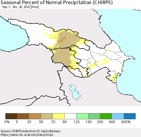 Azerbaijan, Armenia and Georgia Seasonal Percent of Normal Precipitation (CHIRPS) Thematic Map For 9/1/2022 - 12/20/2022