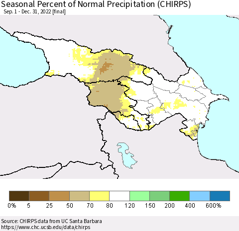 Azerbaijan, Armenia and Georgia Seasonal Percent of Normal Precipitation (CHIRPS) Thematic Map For 9/1/2022 - 12/31/2022