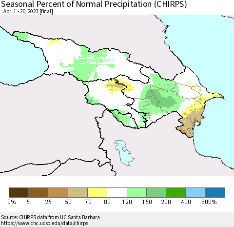 Azerbaijan, Armenia and Georgia Seasonal Percent of Normal Precipitation (CHIRPS) Thematic Map For 4/1/2023 - 4/20/2023