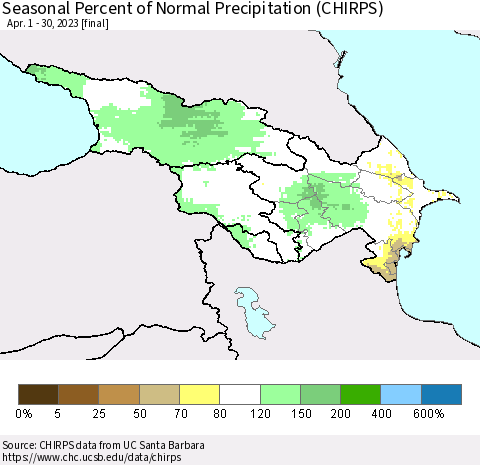 Azerbaijan, Armenia and Georgia Seasonal Percent of Normal Precipitation (CHIRPS) Thematic Map For 4/1/2023 - 4/30/2023