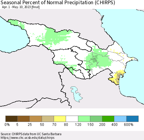 Azerbaijan, Armenia and Georgia Seasonal Percent of Normal Precipitation (CHIRPS) Thematic Map For 4/1/2023 - 5/10/2023