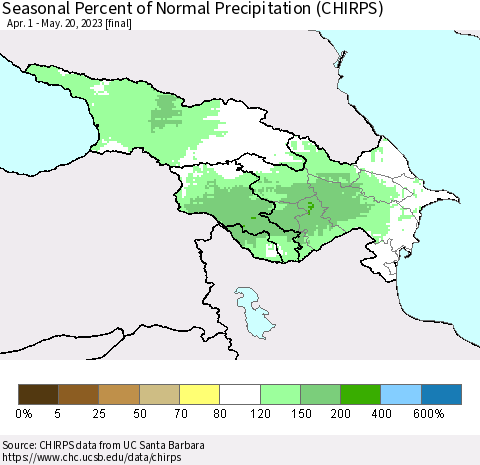 Azerbaijan, Armenia and Georgia Seasonal Percent of Normal Precipitation (CHIRPS) Thematic Map For 4/1/2023 - 5/20/2023