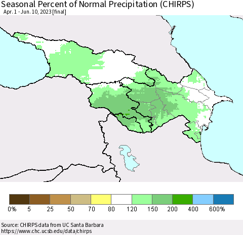 Azerbaijan, Armenia and Georgia Seasonal Percent of Normal Precipitation (CHIRPS) Thematic Map For 4/1/2023 - 6/10/2023
