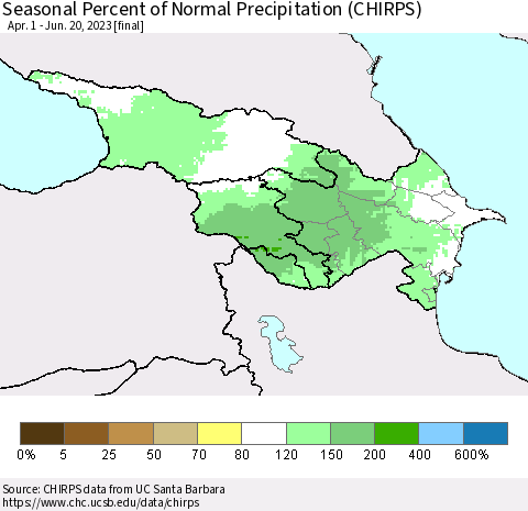 Azerbaijan, Armenia and Georgia Seasonal Percent of Normal Precipitation (CHIRPS) Thematic Map For 4/1/2023 - 6/20/2023