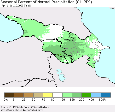 Azerbaijan, Armenia and Georgia Seasonal Percent of Normal Precipitation (CHIRPS) Thematic Map For 4/1/2023 - 7/10/2023
