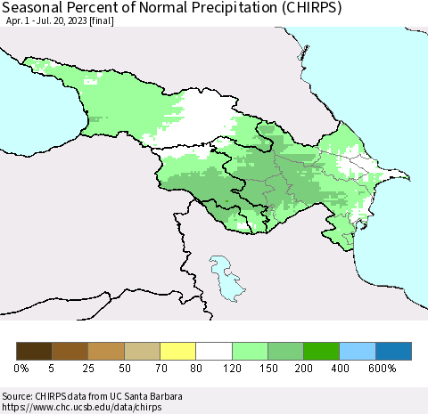 Azerbaijan, Armenia and Georgia Seasonal Percent of Normal Precipitation (CHIRPS) Thematic Map For 4/1/2023 - 7/20/2023