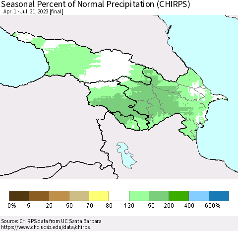 Azerbaijan, Armenia and Georgia Seasonal Percent of Normal Precipitation (CHIRPS) Thematic Map For 4/1/2023 - 7/31/2023