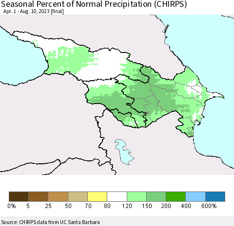 Azerbaijan, Armenia and Georgia Seasonal Percent of Normal Precipitation (CHIRPS) Thematic Map For 4/1/2023 - 8/10/2023