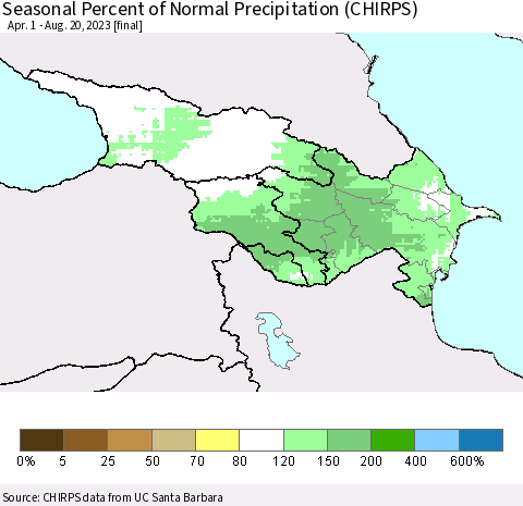 Azerbaijan, Armenia and Georgia Seasonal Percent of Normal Precipitation (CHIRPS) Thematic Map For 4/1/2023 - 8/20/2023