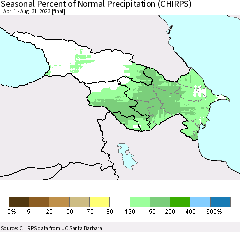 Azerbaijan, Armenia and Georgia Seasonal Percent of Normal Precipitation (CHIRPS) Thematic Map For 4/1/2023 - 8/31/2023