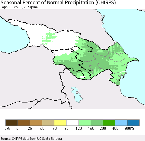 Azerbaijan, Armenia and Georgia Seasonal Percent of Normal Precipitation (CHIRPS) Thematic Map For 4/1/2023 - 9/10/2023