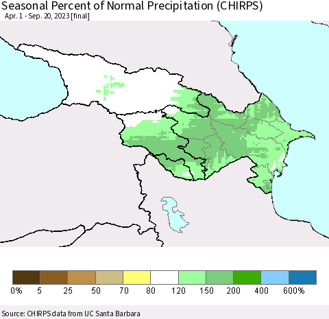 Azerbaijan, Armenia and Georgia Seasonal Percent of Normal Precipitation (CHIRPS) Thematic Map For 4/1/2023 - 9/20/2023