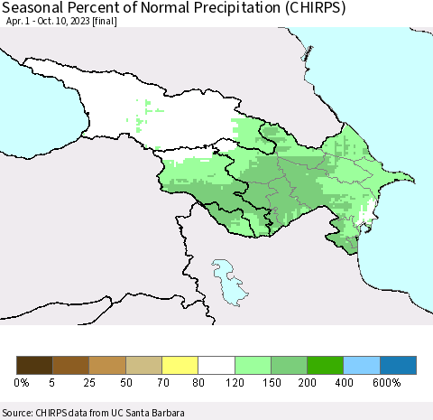 Azerbaijan, Armenia and Georgia Seasonal Percent of Normal Precipitation (CHIRPS) Thematic Map For 4/1/2023 - 10/10/2023