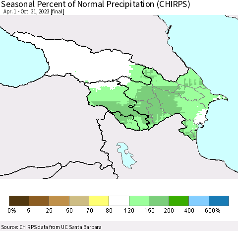 Azerbaijan, Armenia and Georgia Seasonal Percent of Normal Precipitation (CHIRPS) Thematic Map For 4/1/2023 - 10/31/2023