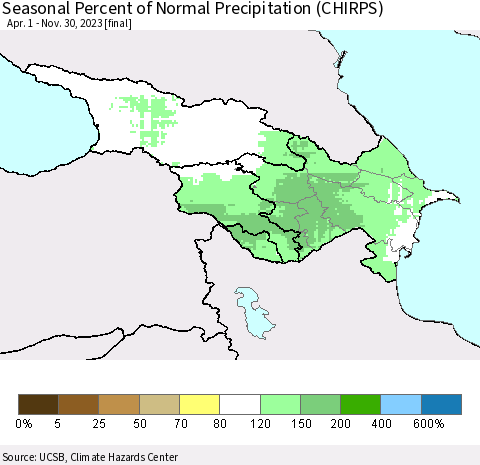 Azerbaijan, Armenia and Georgia Seasonal Percent of Normal Precipitation (CHIRPS) Thematic Map For 4/1/2023 - 11/30/2023