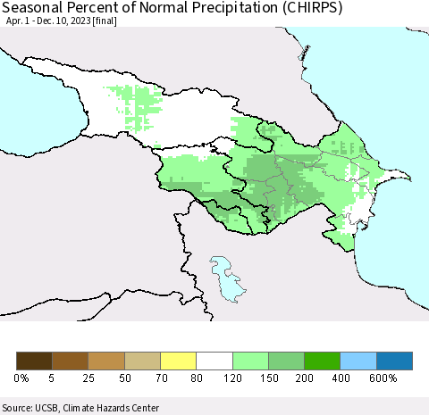 Azerbaijan, Armenia and Georgia Seasonal Percent of Normal Precipitation (CHIRPS) Thematic Map For 4/1/2023 - 12/10/2023