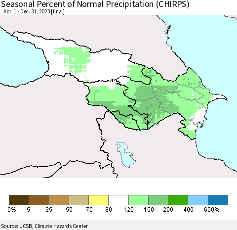 Azerbaijan, Armenia and Georgia Seasonal Percent of Normal Precipitation (CHIRPS) Thematic Map For 4/1/2023 - 12/31/2023