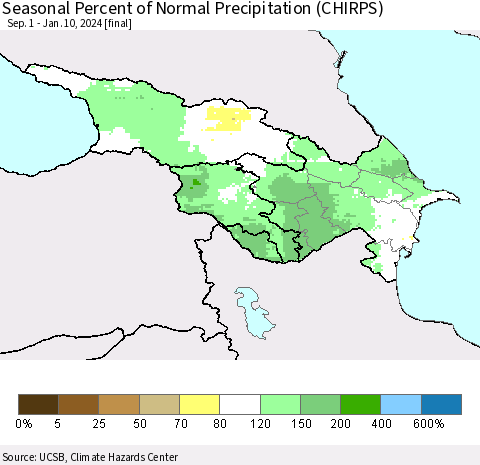 Azerbaijan, Armenia and Georgia Seasonal Percent of Normal Precipitation (CHIRPS) Thematic Map For 9/1/2023 - 1/10/2024
