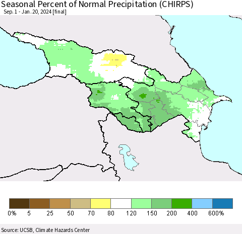 Azerbaijan, Armenia and Georgia Seasonal Percent of Normal Precipitation (CHIRPS) Thematic Map For 9/1/2023 - 1/20/2024